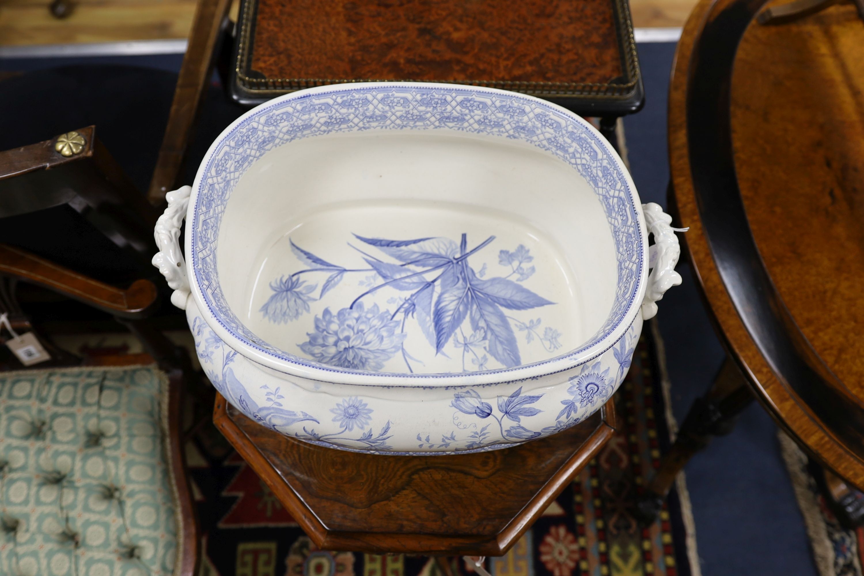 A Victorian Minton blue and white foot bath, 47cm